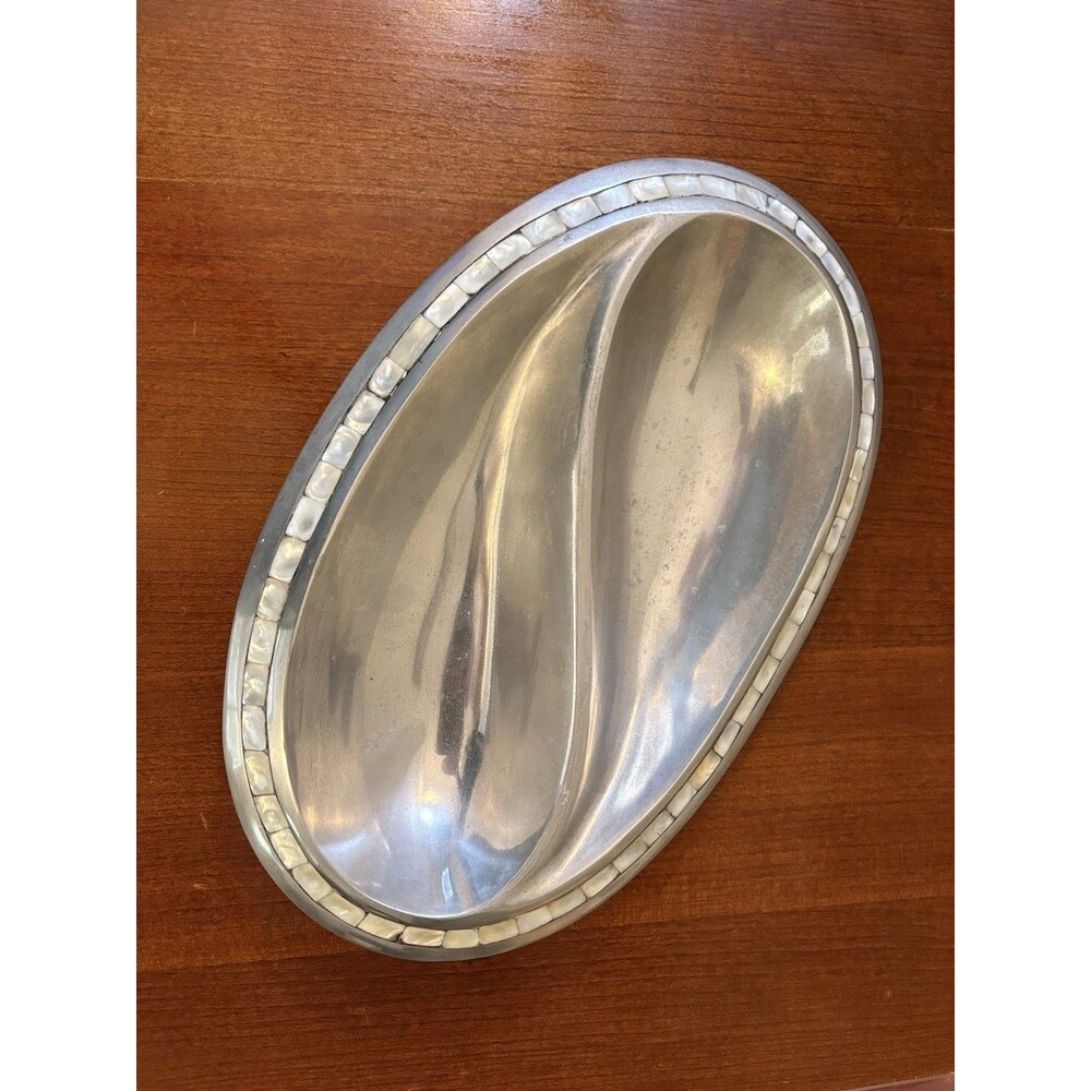 Vtg Towle Silversmiths Aluminum Divided Serving Oval Dish Mother Of Pearl 14”